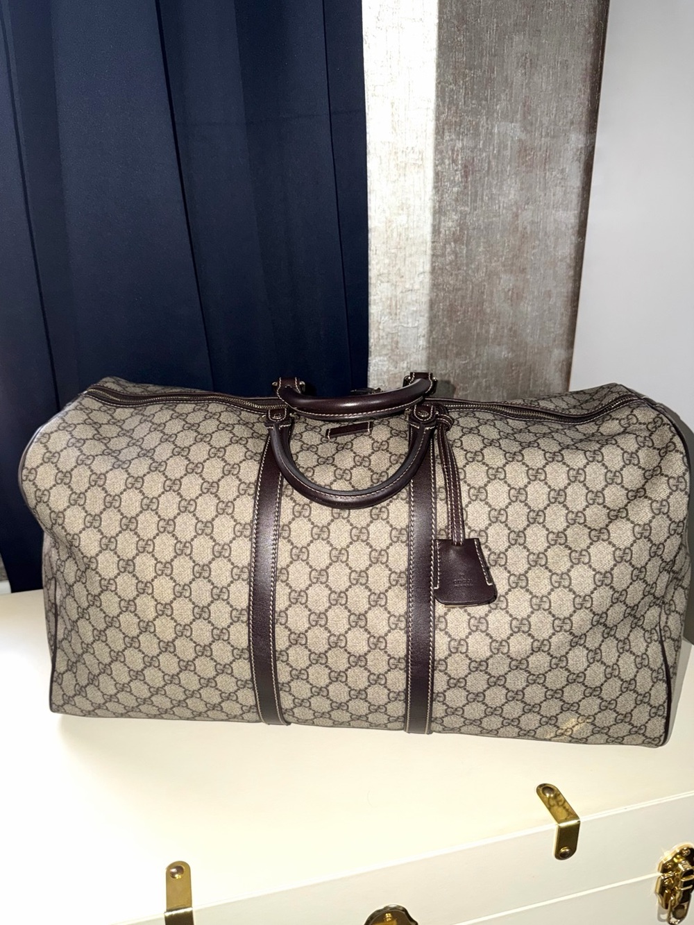 Gucci Brown Bandoulier GG Supreme Canvas Duffel with Dark Brown Leather Trim